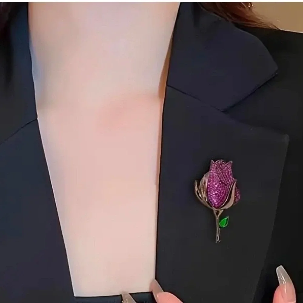 Elegant Rose Flower Brooch Pin Rhinestone‎ Crystal Gem Leaf Silver Women Jewelry